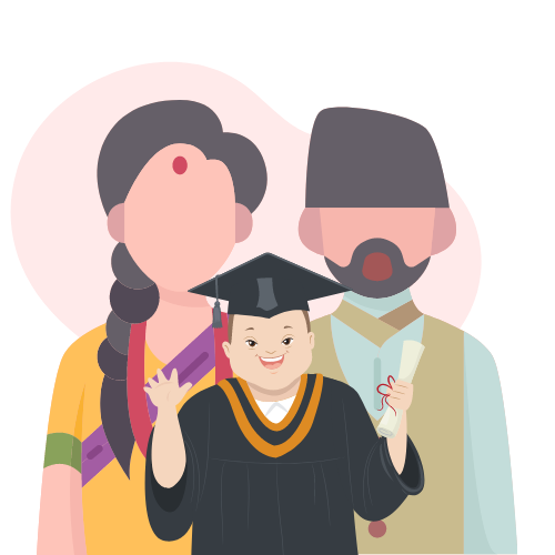 Father and mother behind a person with intellectual disability in graduation dress